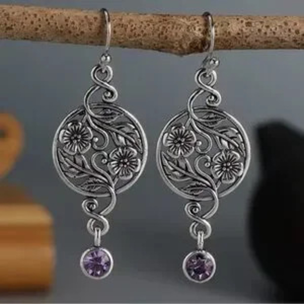 Retro Delicate Flower Silver Dangle Earrings